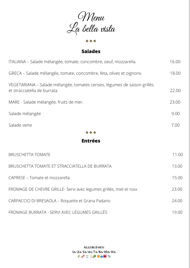 Carte du restaurant: Salades et enrées