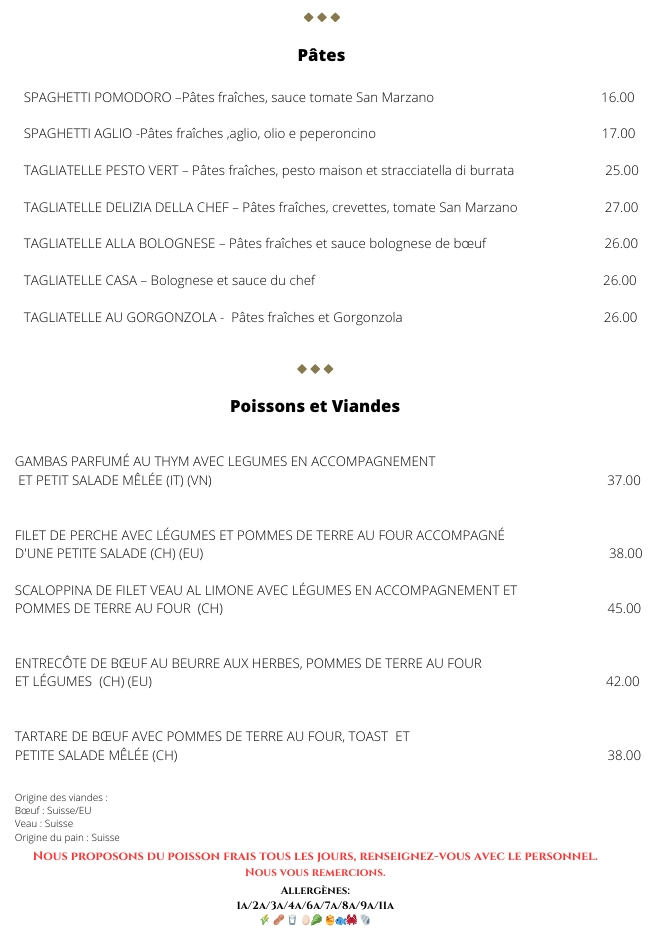 Carte du restaurant: pâtes, poissons et viandes