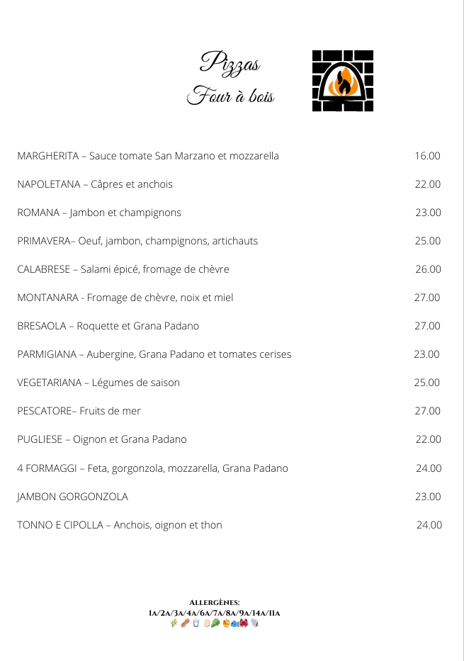Carte du restaurant: pizzas