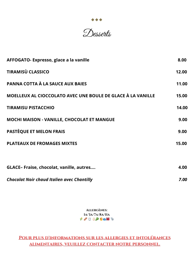 Carte du restaurant: desserts